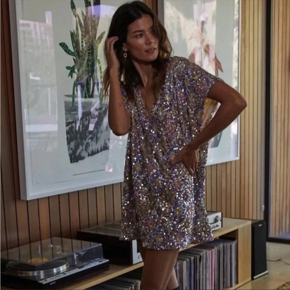 beautiful silver sparkle tunic mini dress w/ pockets great little formal dress - Picture 4 of 14